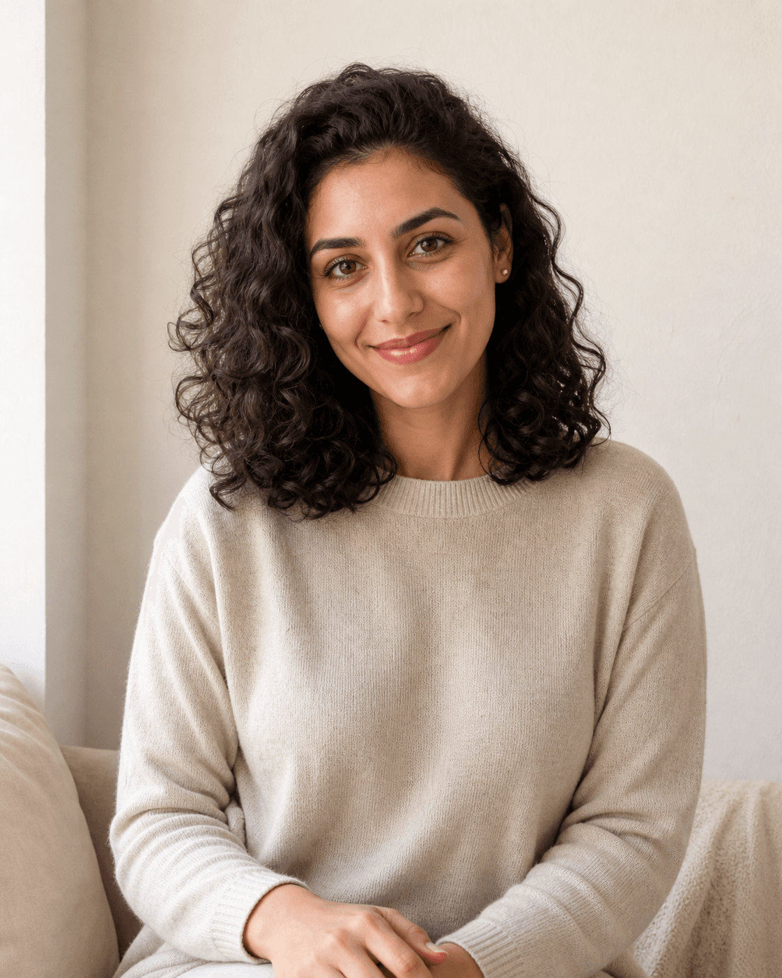 Presenter in a cream sweater smiling toward the camera
