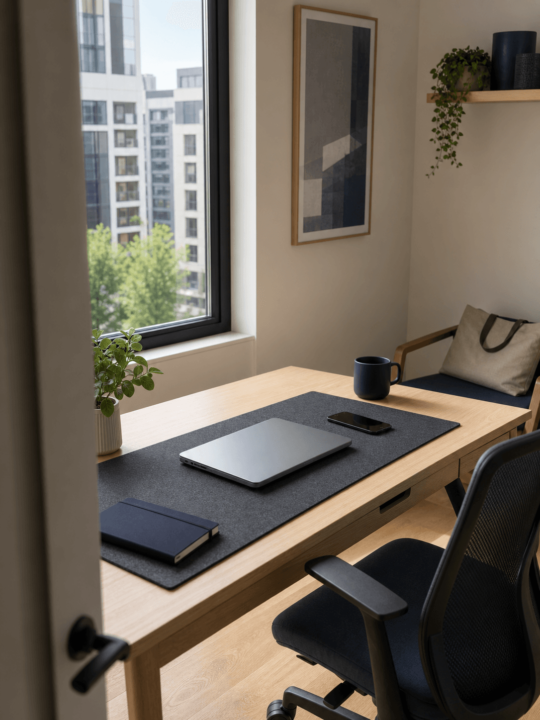 Sunlit home office with a wooden desk and laptop